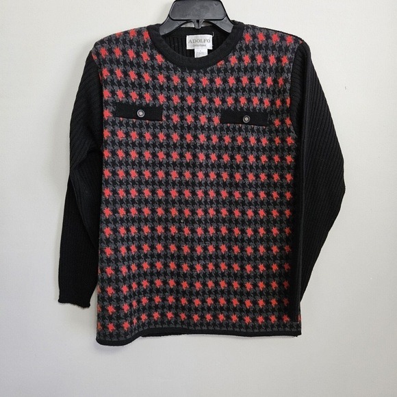 Adolfo Black Red Gray Houndstooth Sweater Sz L Classic Academia Professional - Picture 1 of 9